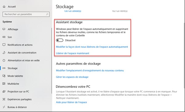 Stockage Windows 10