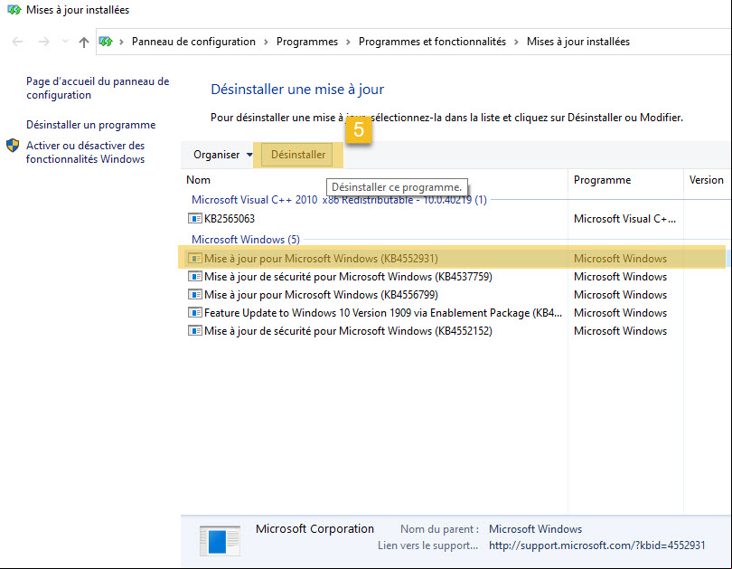 Désinstaller mises à jour depuis Windows Update